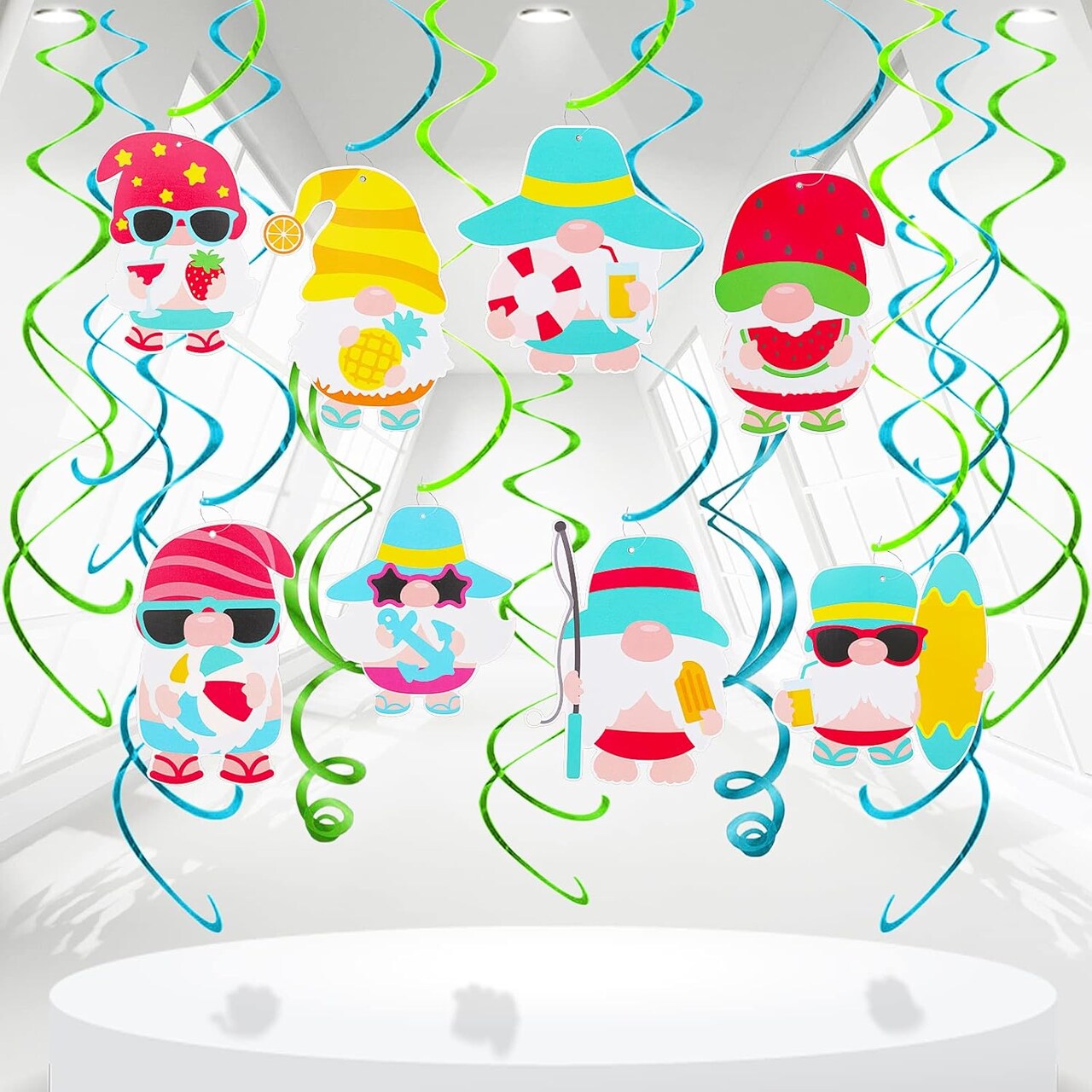 16PCS Gnome Hanging Swirl Decorations – Hawaii Beach Birthday Party Supplies, Tropical Gnome Ceiling Ornaments, Luau Party Hanging Swirls